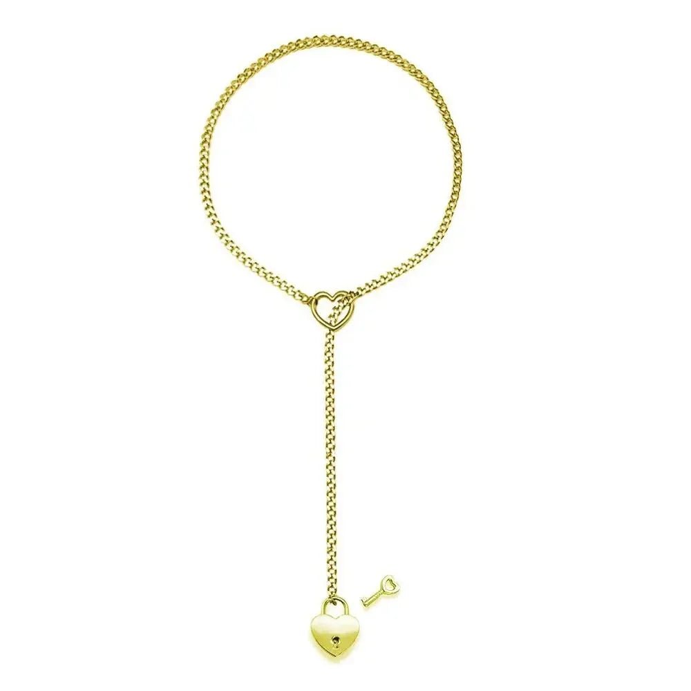 Adjustable Heart O - Ring Punk Rock Cuban Chain Necklace – Lariat Y - Style Necklace with Key & Heart Lock Pendant - Regalia Cloth