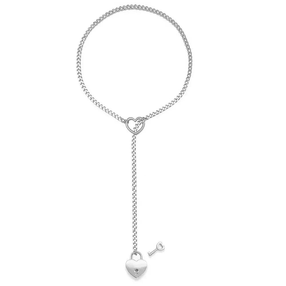 Adjustable Heart O - Ring Punk Rock Cuban Chain Necklace – Lariat Y - Style Necklace with Key & Heart Lock Pendant - Regalia Cloth