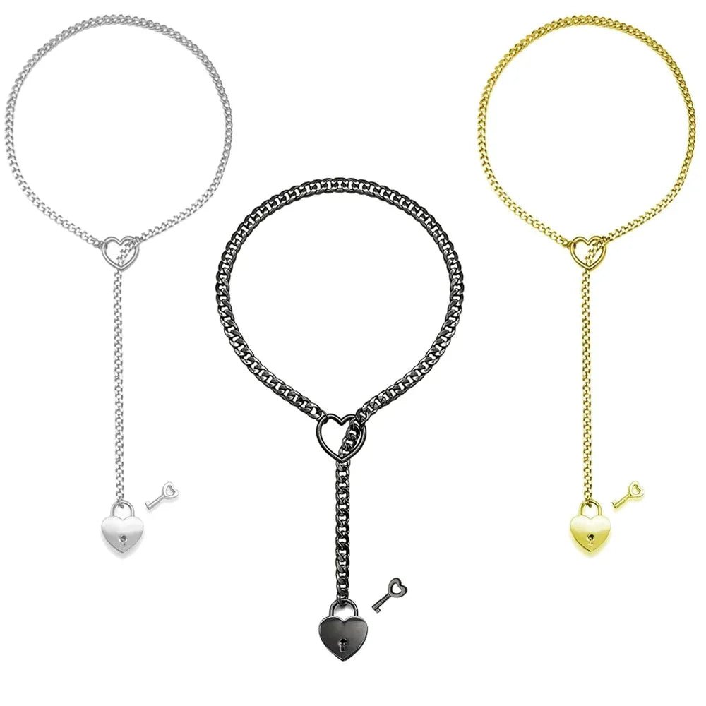 Adjustable Heart O - Ring Punk Rock Cuban Chain Necklace – Lariat Y - Style Necklace with Key & Heart Lock Pendant - Regalia Cloth