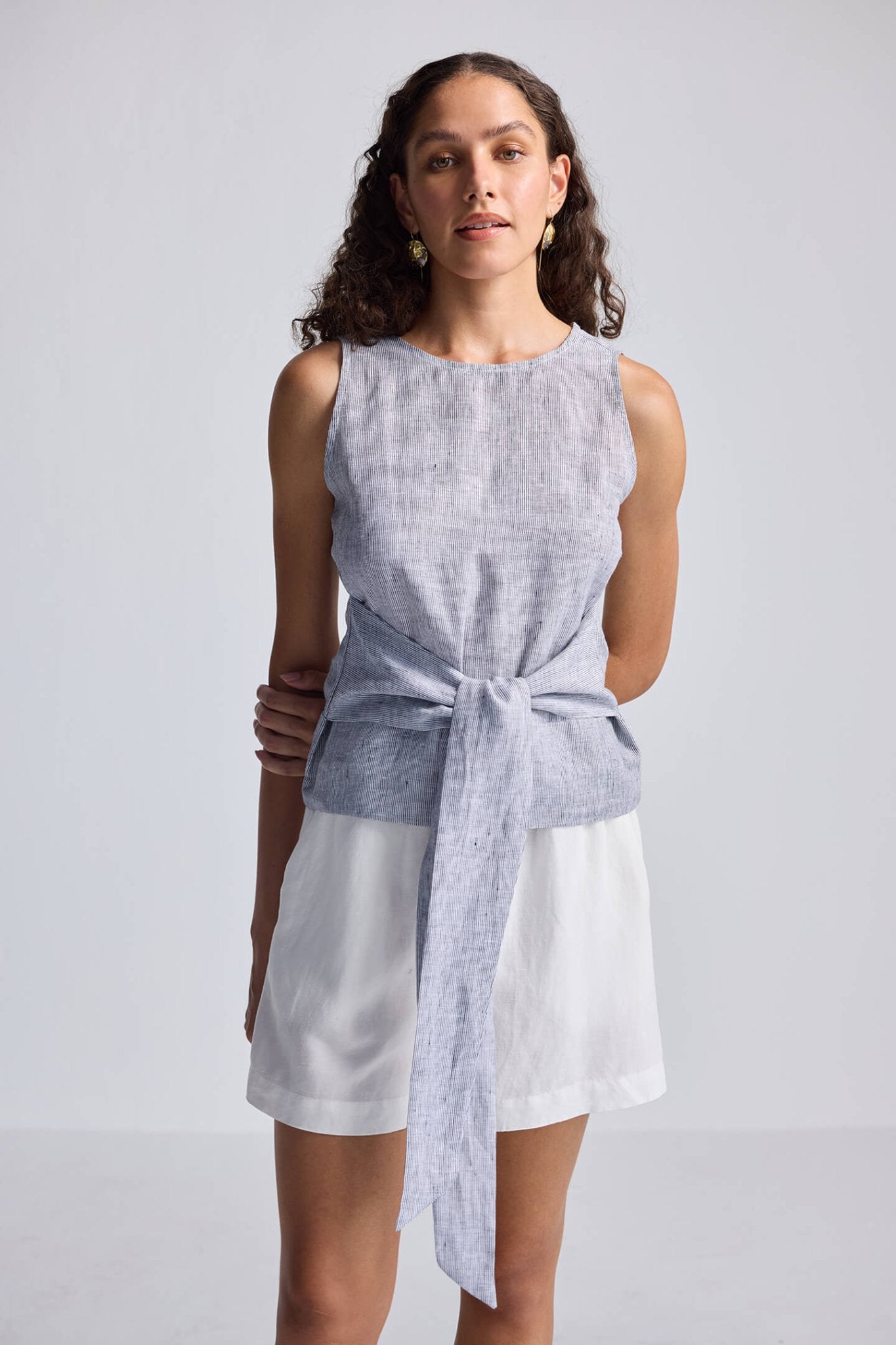 Front - tie Top in Linen Stripes - Regalia Cloth