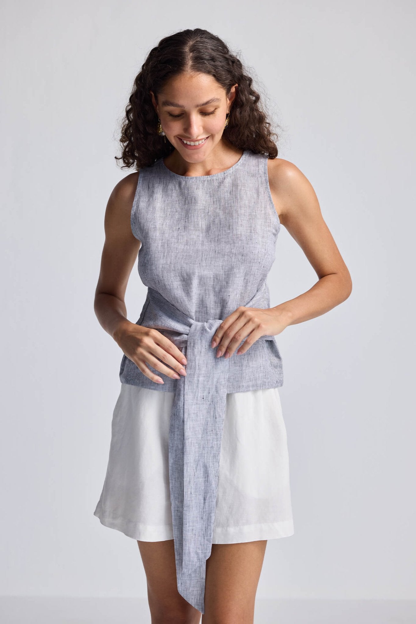Front - tie Top in Linen Stripes - Regalia Cloth