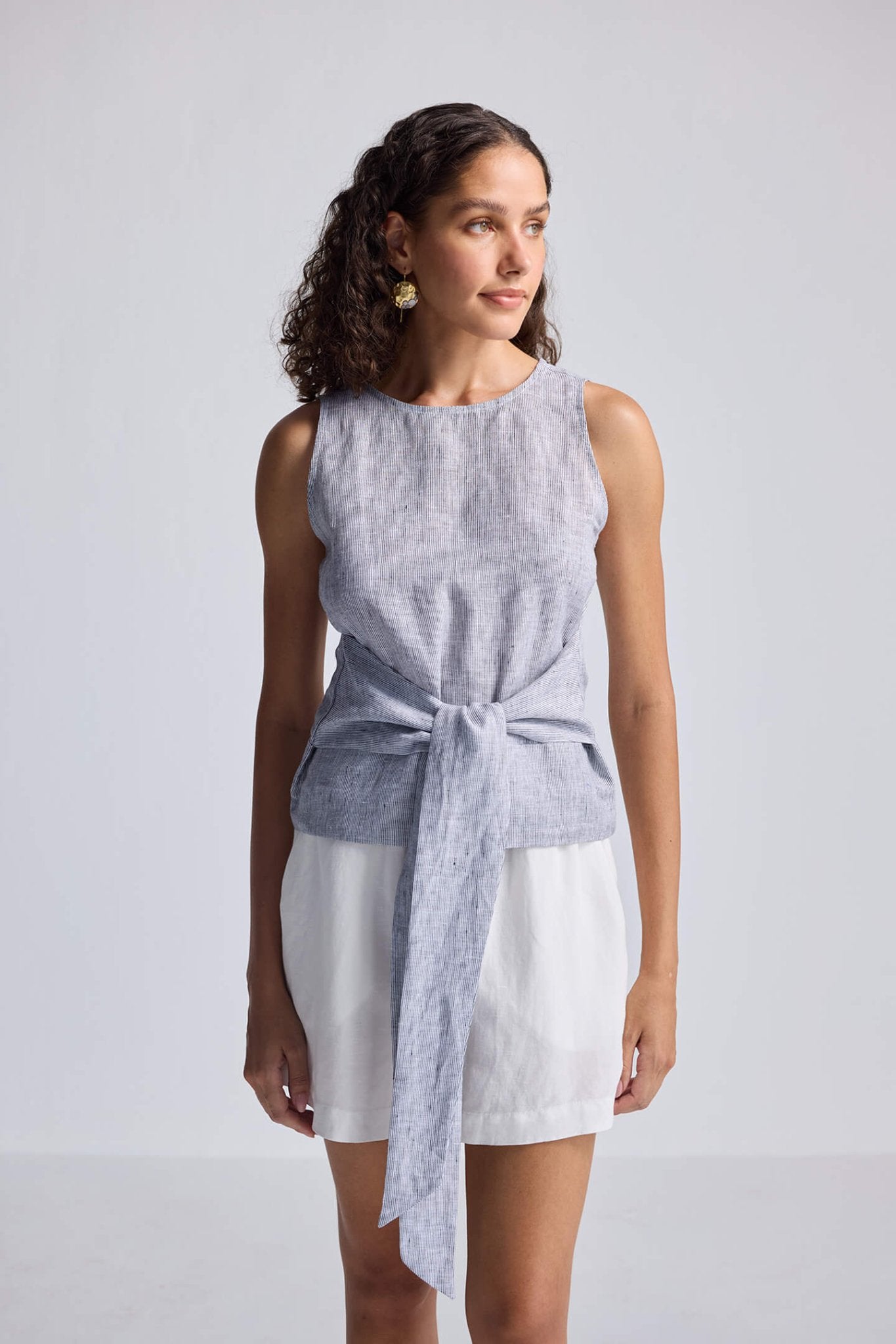 Front - tie Top in Linen Stripes - Regalia Cloth
