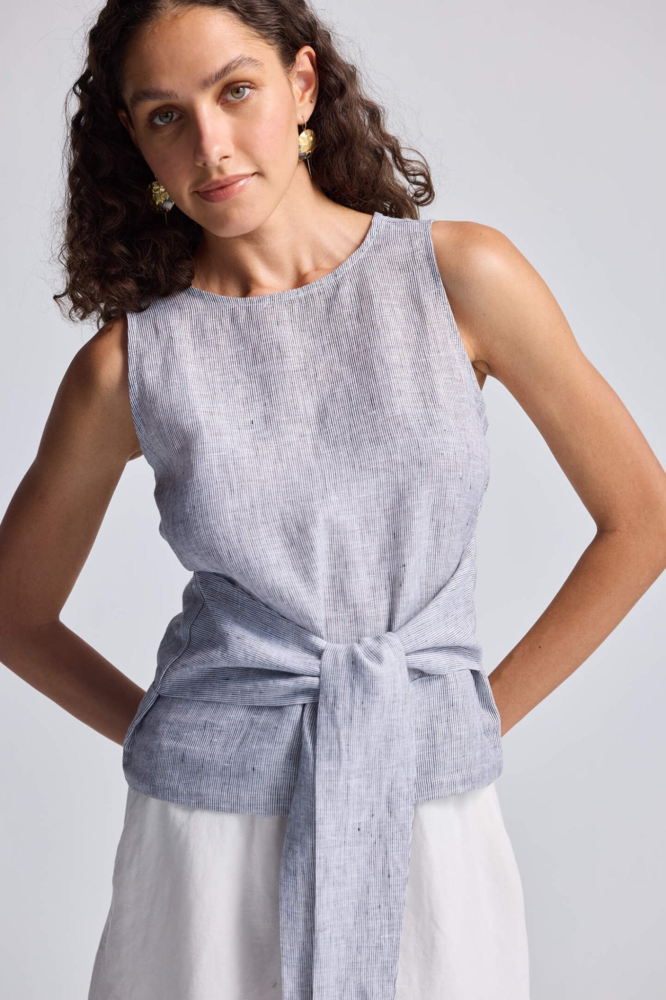 Front - tie Top in Linen Stripes - Regalia Cloth