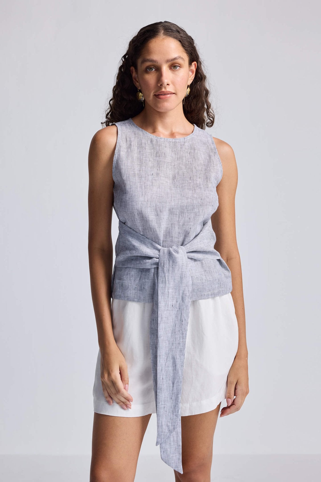 Front - tie Top in Linen Stripes - Regalia Cloth