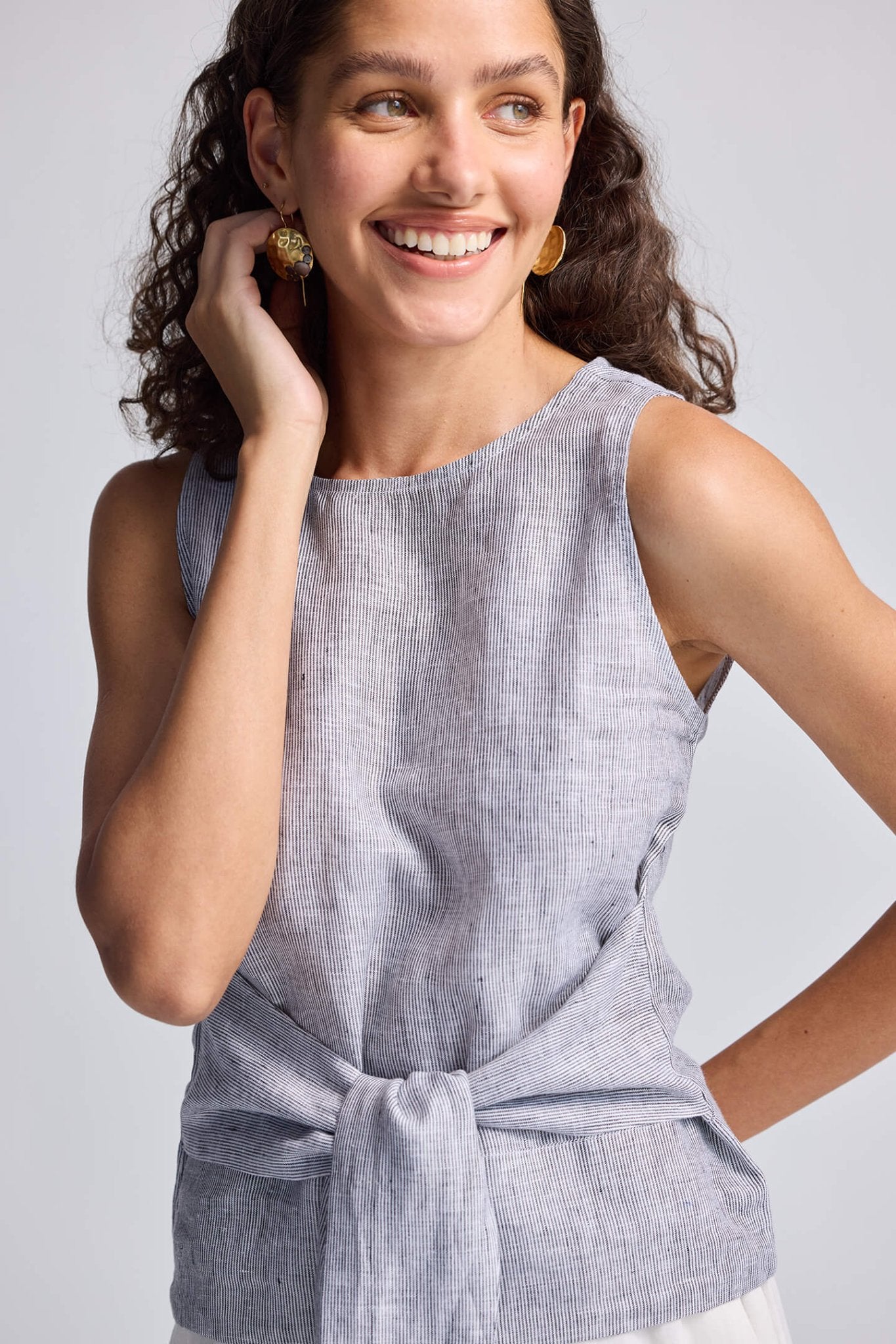 Front - tie Top in Linen Stripes - Regalia Cloth
