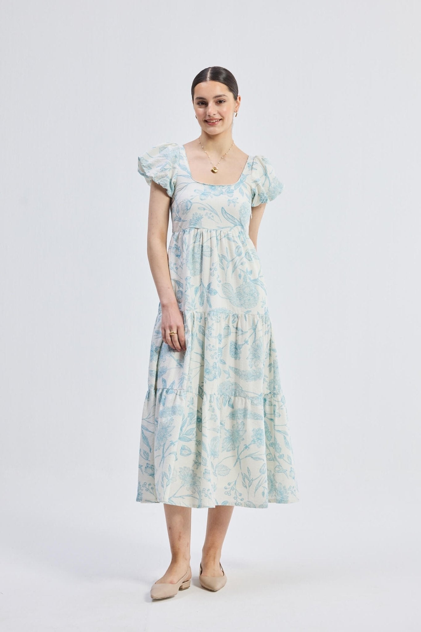 Puff Sleeve Tiered Maxi Dress in Blue Florals - Regalia Cloth