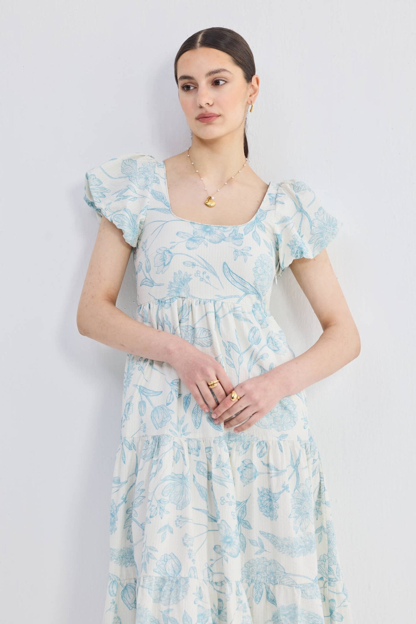 Puff Sleeve Tiered Maxi Dress in Blue Florals - Regalia Cloth