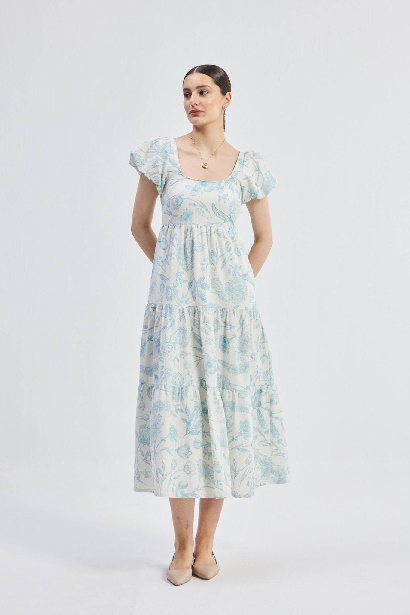 Puff Sleeve Tiered Maxi Dress in Blue Florals - Regalia Cloth