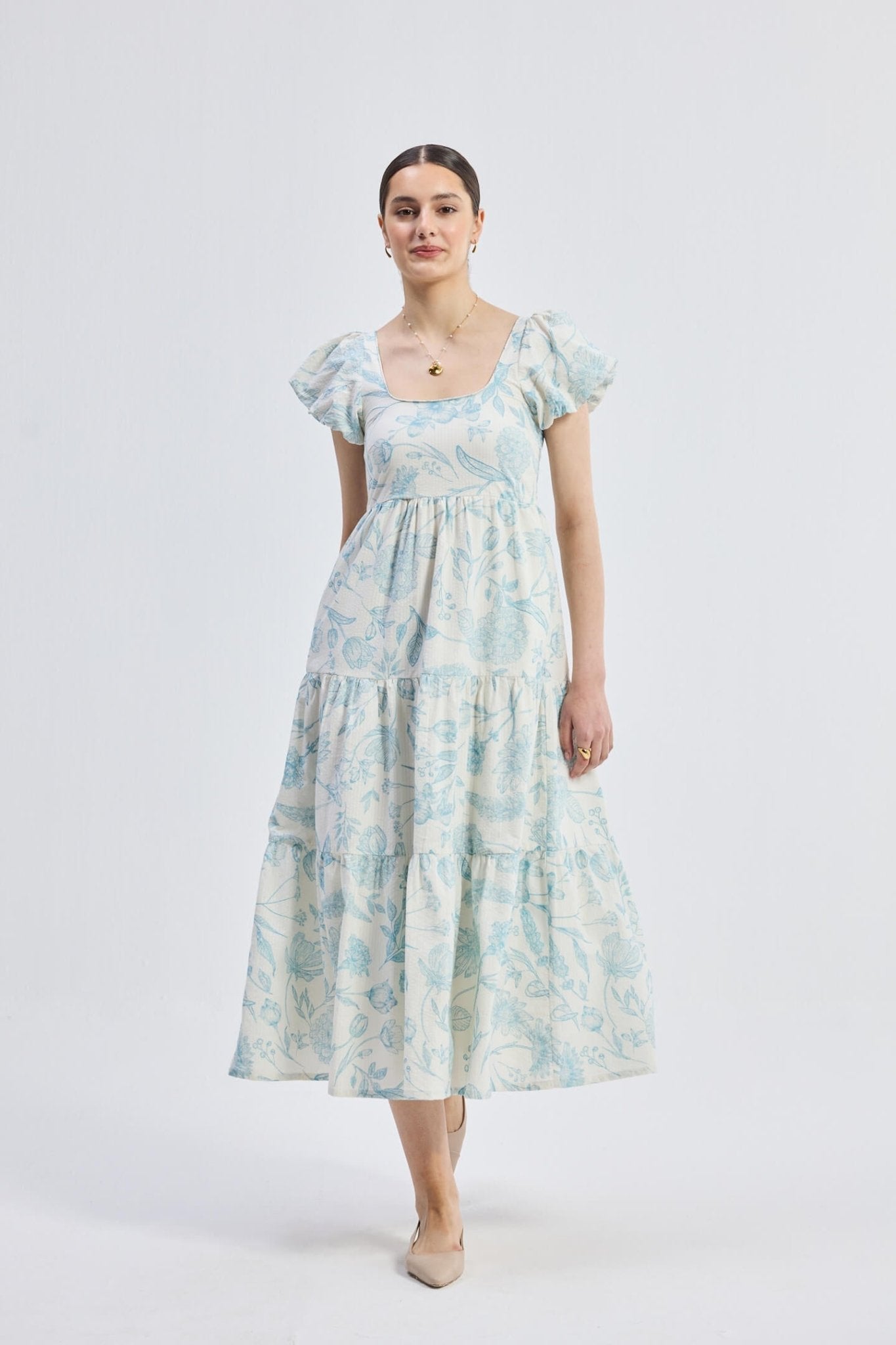 Puff Sleeve Tiered Maxi Dress in Blue Florals - Regalia Cloth