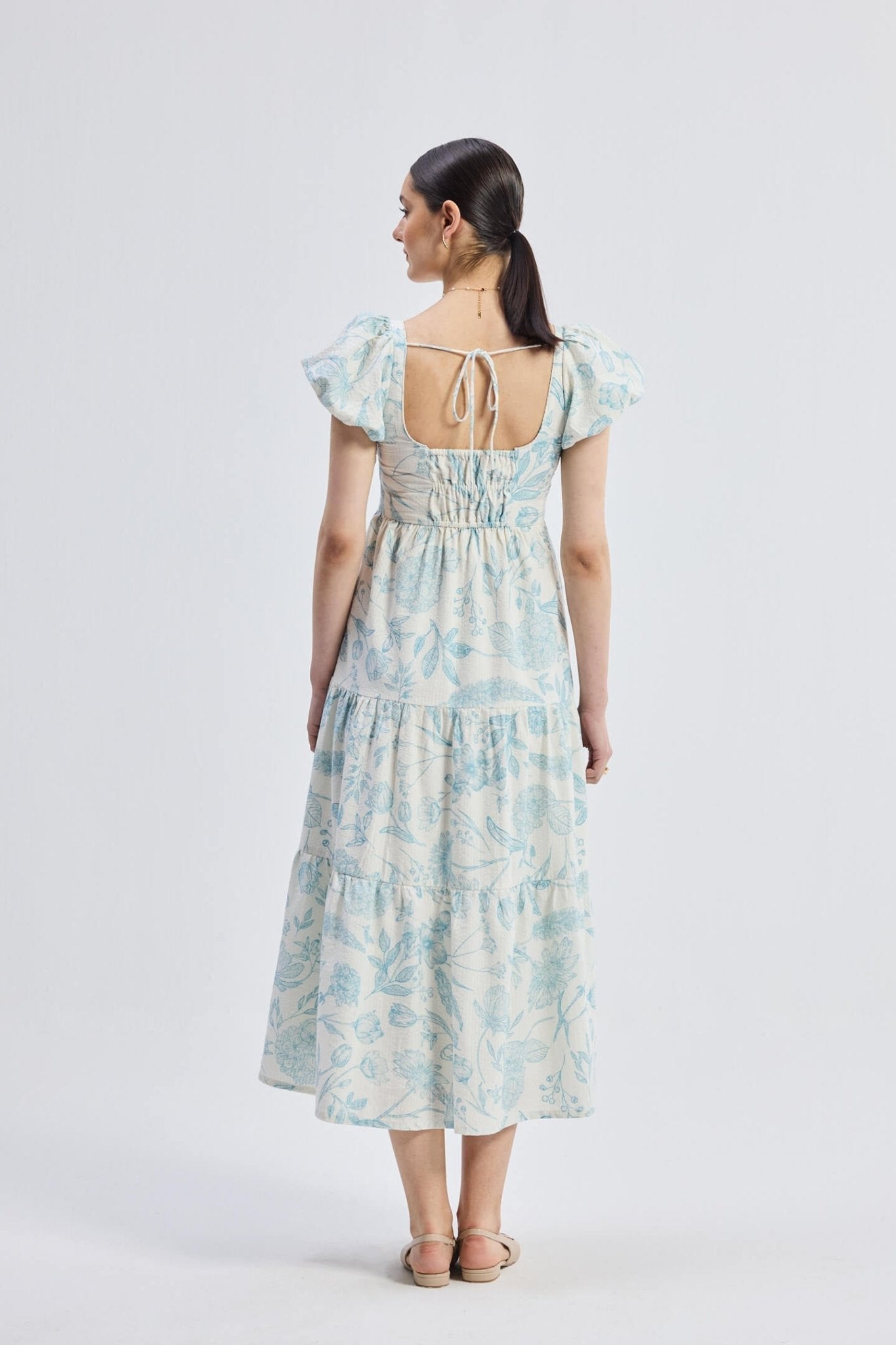 Puff Sleeve Tiered Maxi Dress in Blue Florals - Regalia Cloth
