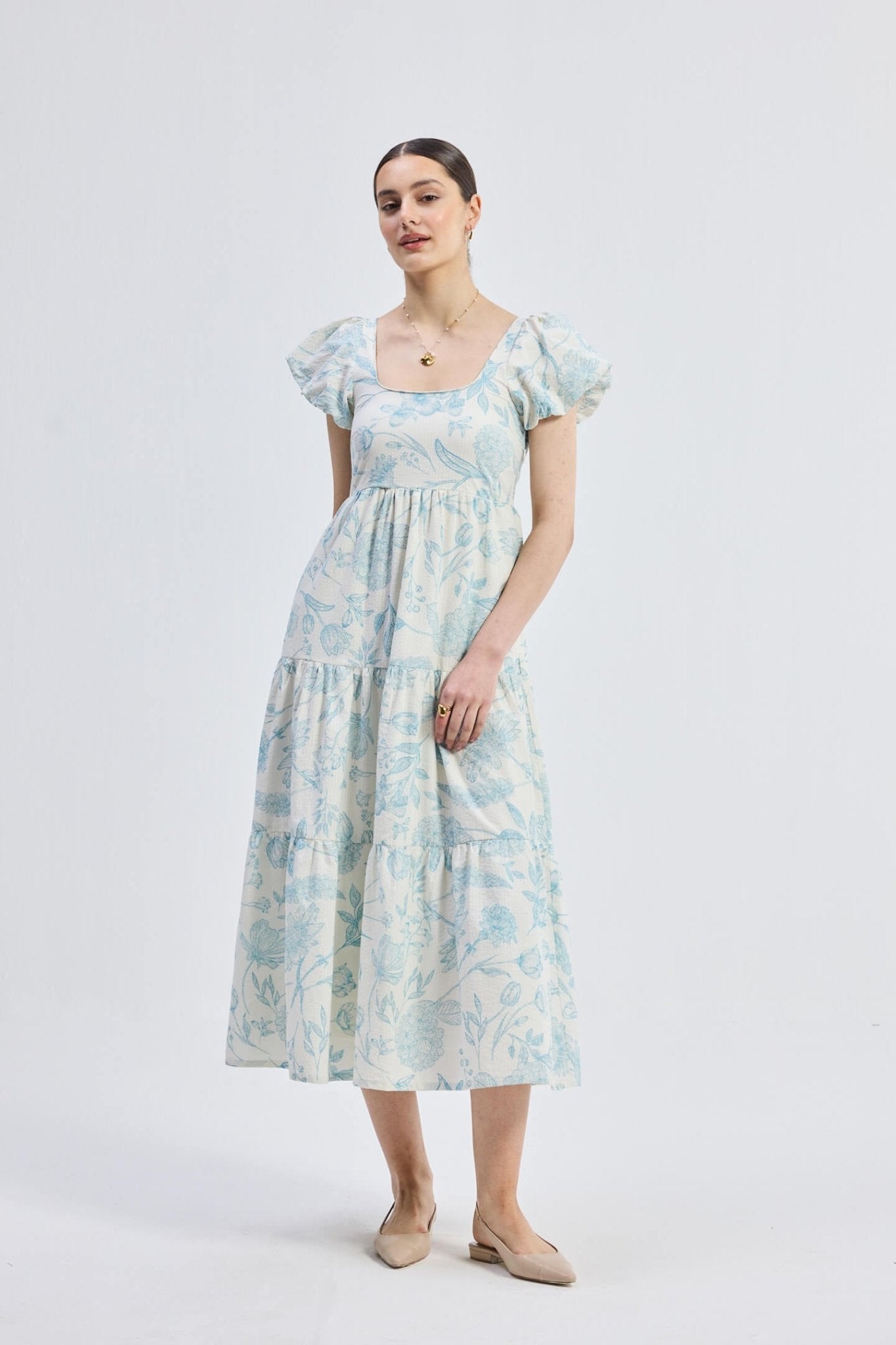 Puff Sleeve Tiered Maxi Dress in Blue Florals - Regalia Cloth