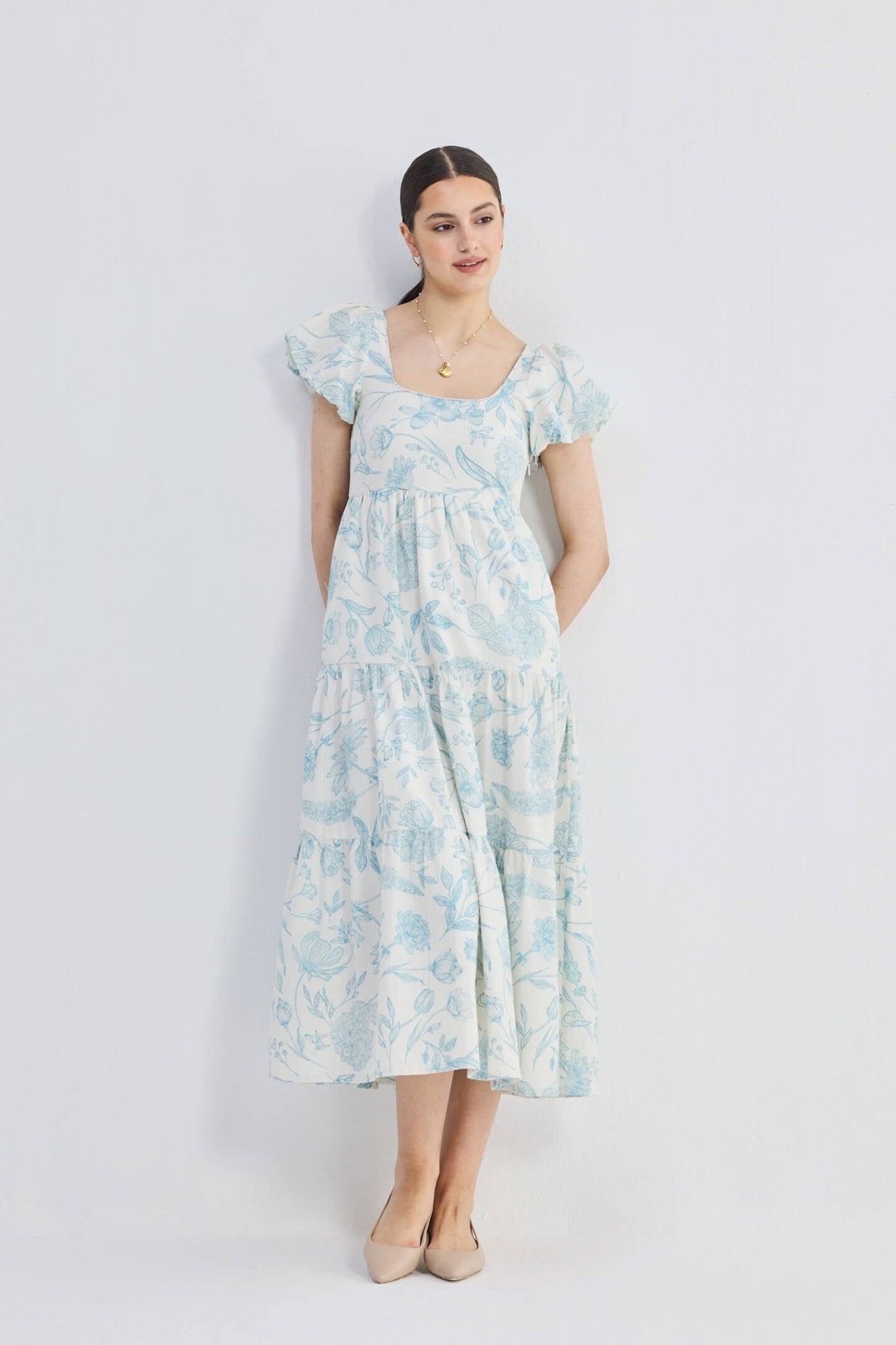 Puff Sleeve Tiered Maxi Dress in Blue Florals - Regalia Cloth