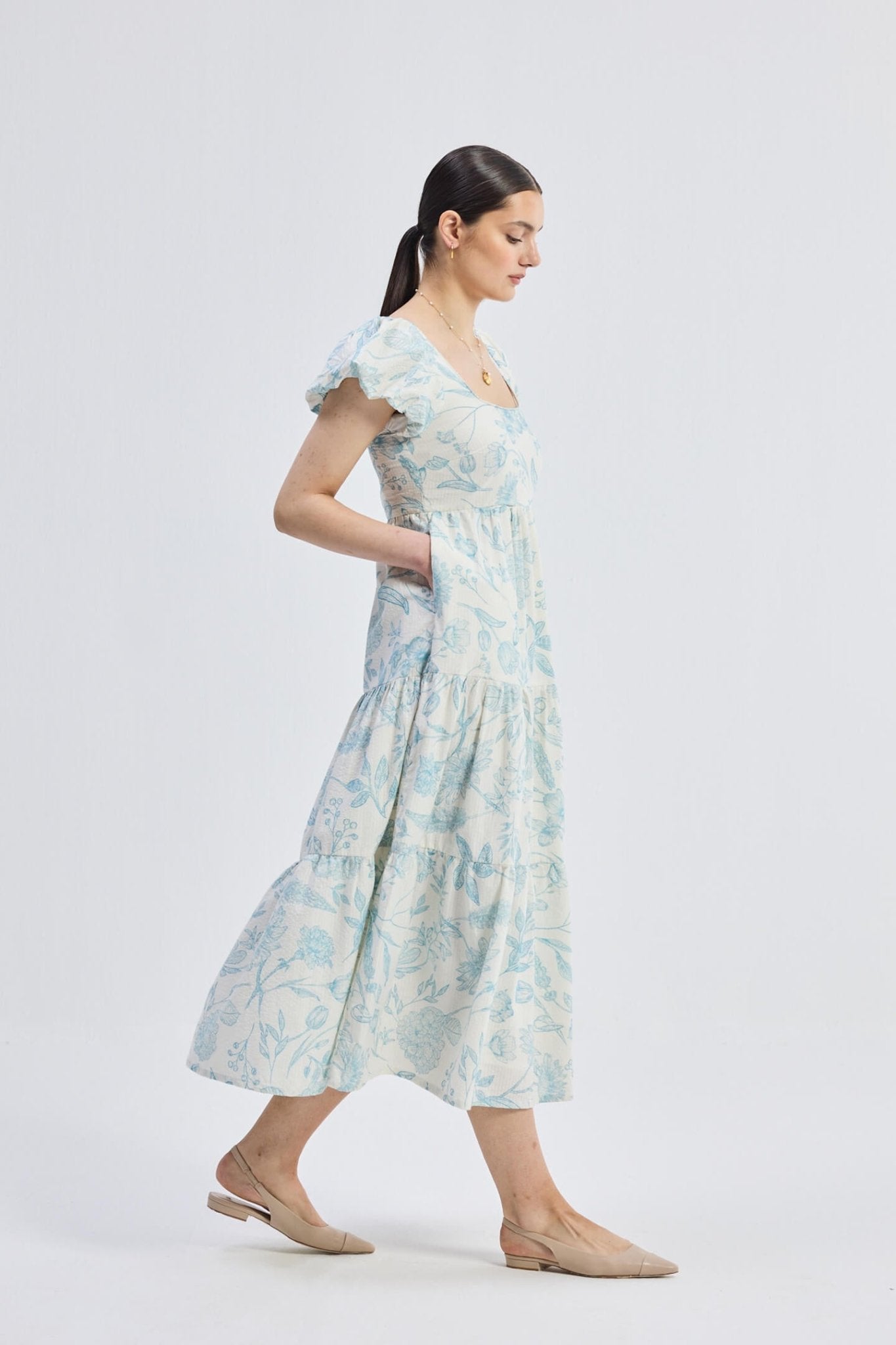 Puff Sleeve Tiered Maxi Dress in Blue Florals - Regalia Cloth