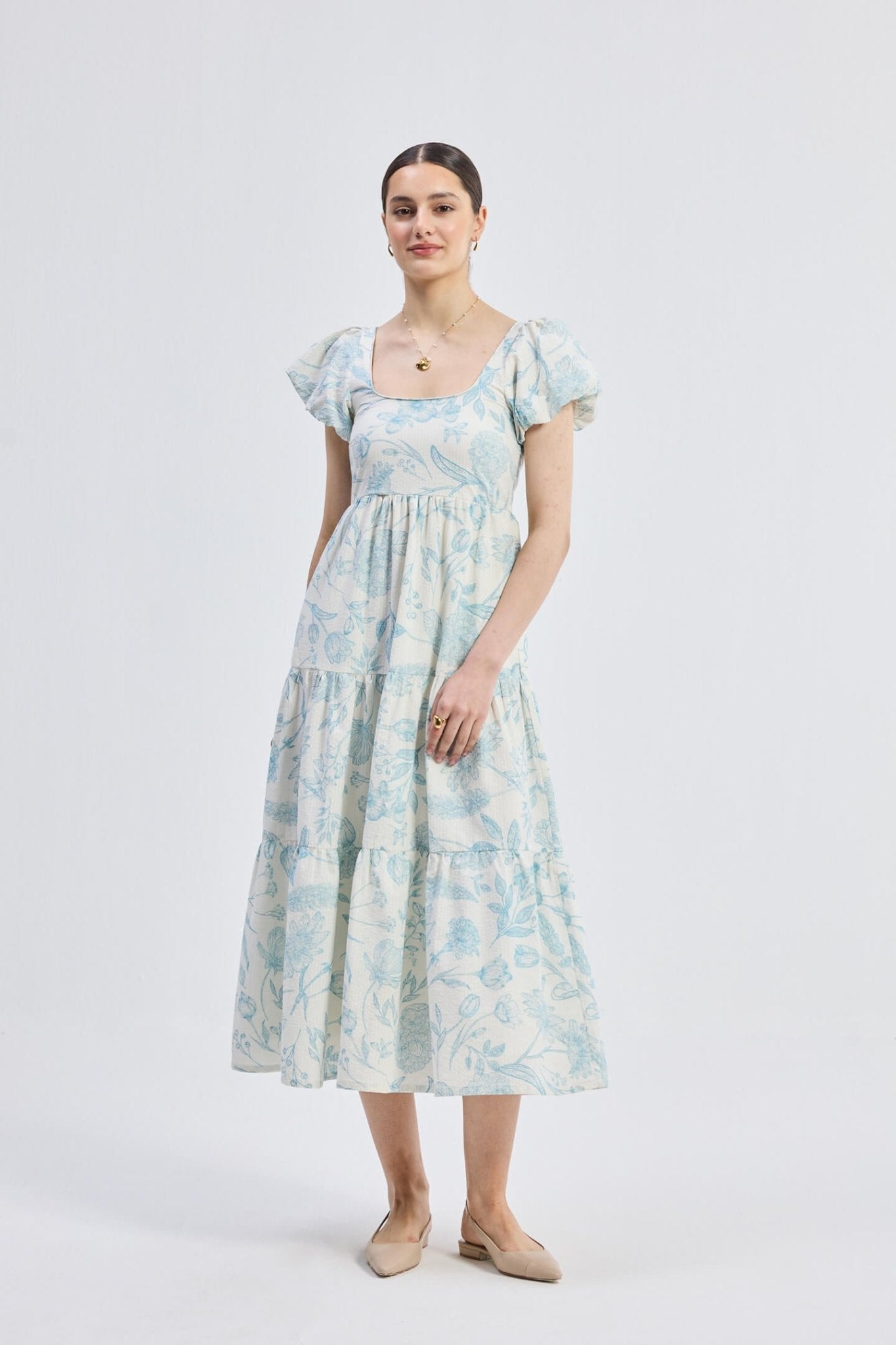 Puff Sleeve Tiered Maxi Dress in Blue Florals - Regalia Cloth