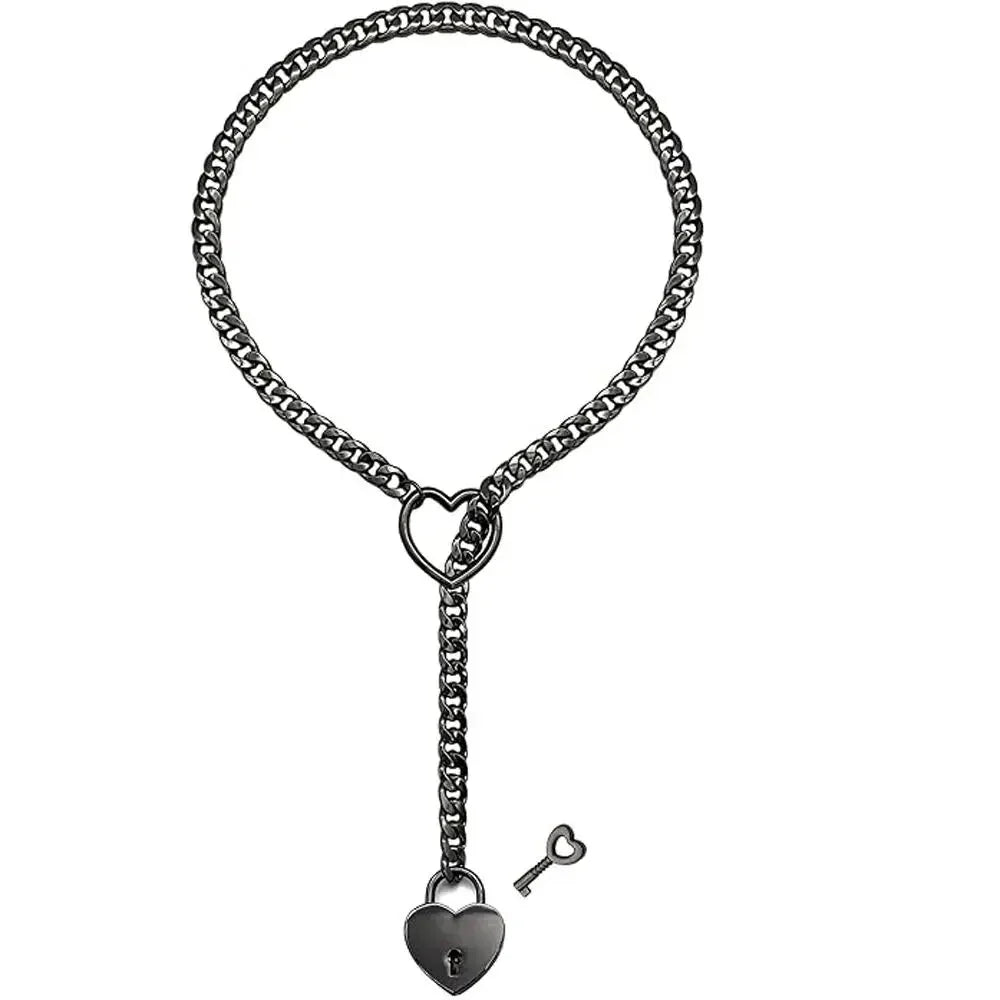 Adjustable Heart O - Ring Punk Rock Cuban Chain Necklace – Lariat Y - Style Necklace with Key & Heart Lock Pendant - Regalia Cloth