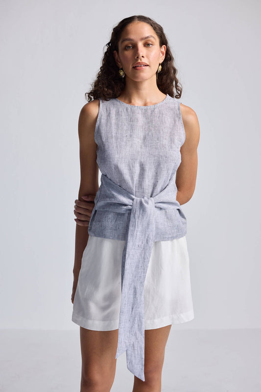 Front - tie Top in Linen Stripes - Regalia Cloth
