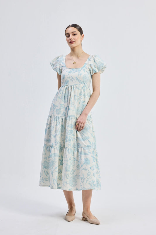 Puff Sleeve Tiered Maxi Dress in Blue Florals - Regalia Cloth